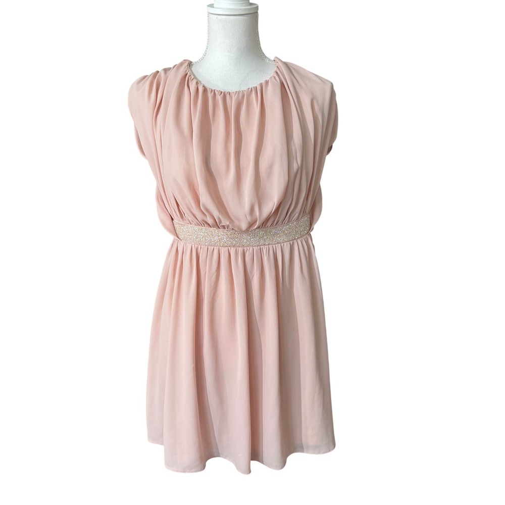 ASOS Pink Chiffon Mini Dress Open Back Glitter Waist 10 Petite Wedding Party NWT
